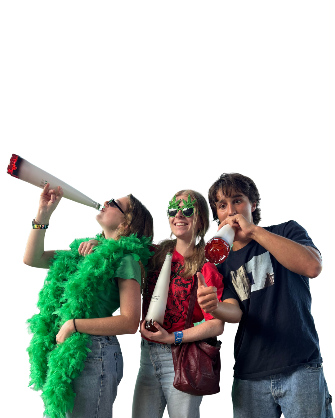 Three IV20 fans at a 21+ event holding IV20 Terp Vodka bottles