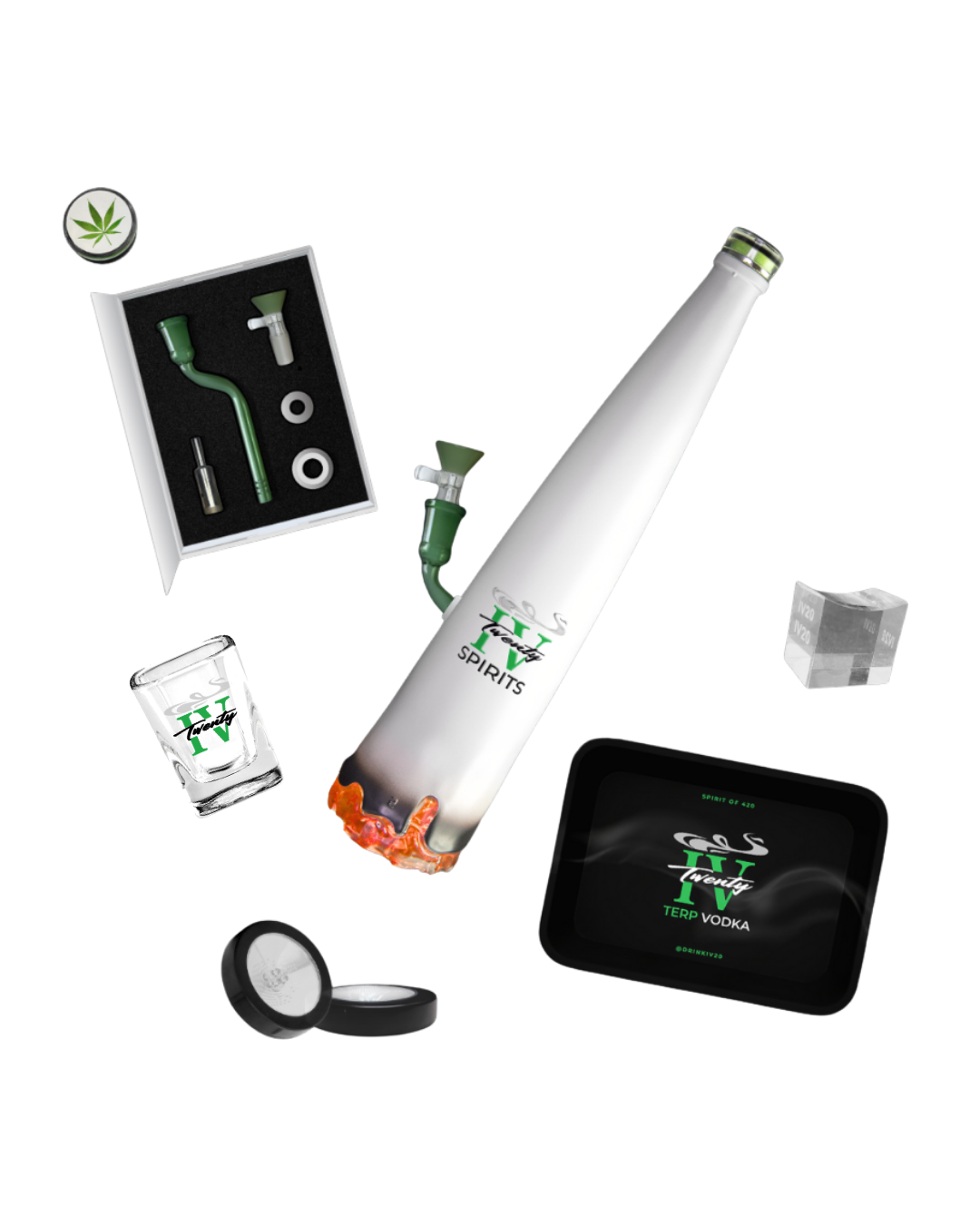 The full IV20 kit — bottle, SMK conversion kit, shot glass, grinder, rolling tray and storage jar